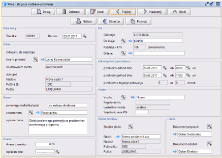 Potni nalog - vnos.